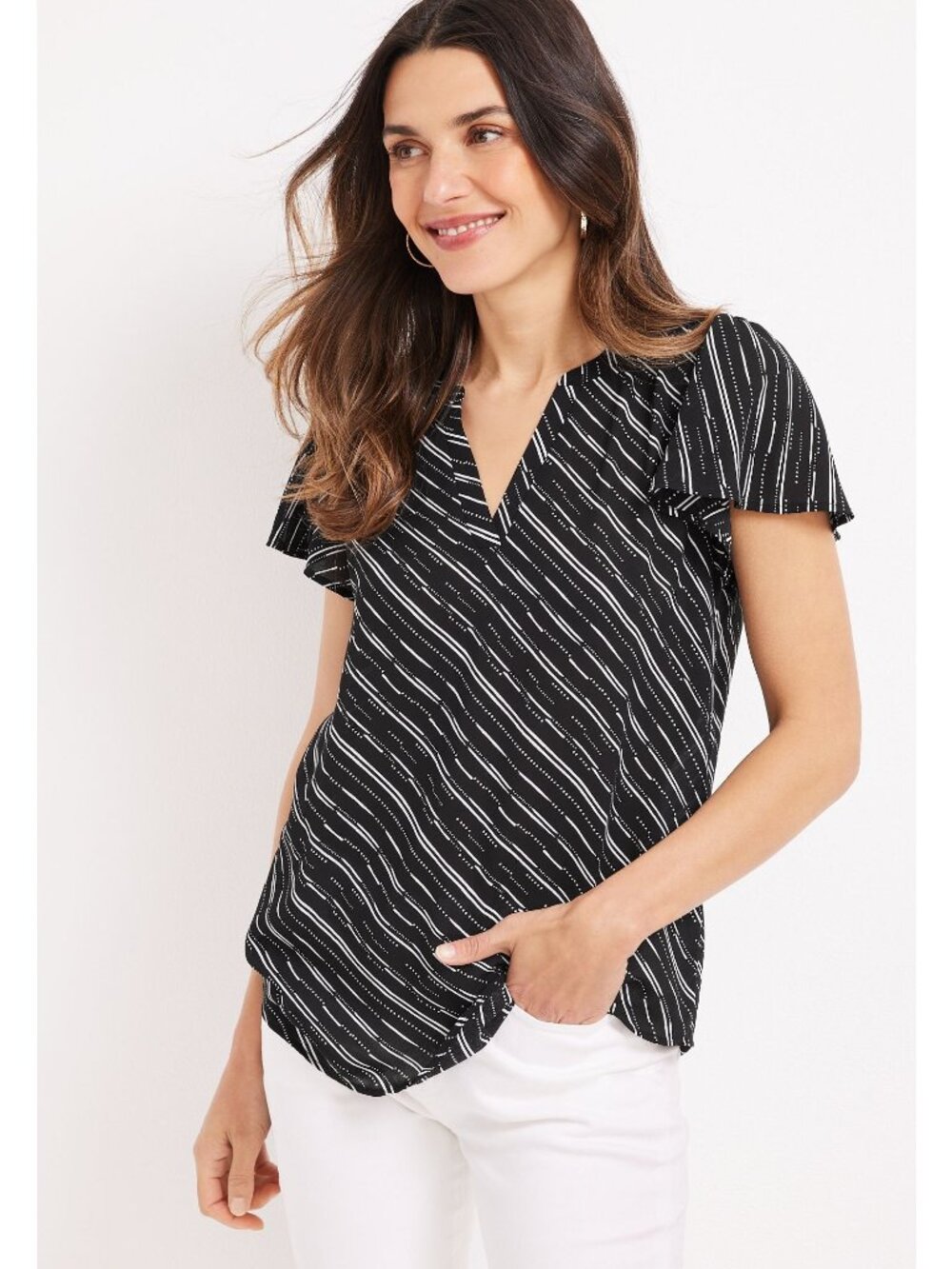 Maurices Atwood Blouse XL V Neck Abstract Striped Flutter Sleeve Black White - Picture 1 of 7
